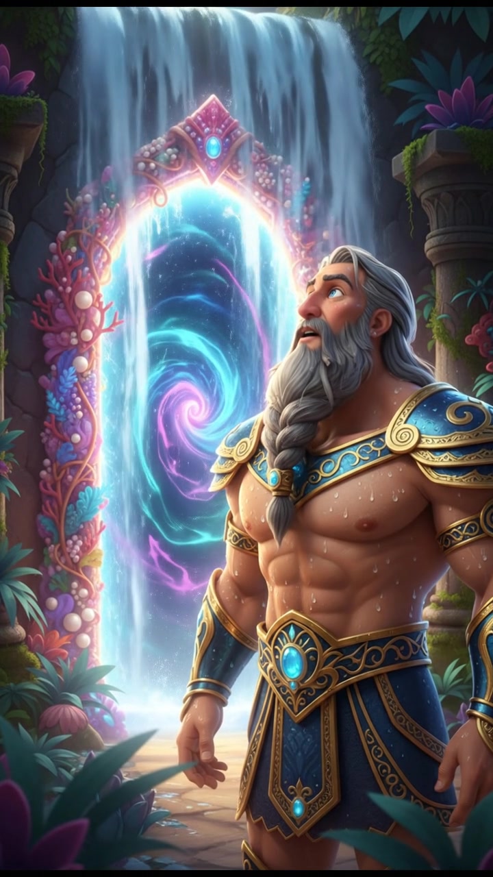 discovering a magical doorway hidden behind a waterfall, curiosity and wonder