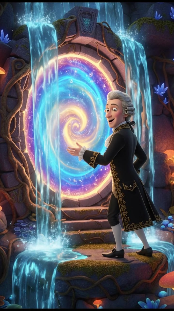 discovering a magical doorway hidden behind a waterfall, curiosity and wonder