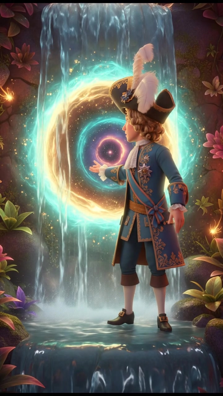 discovering a magical doorway hidden behind a waterfall, curiosity and wonder