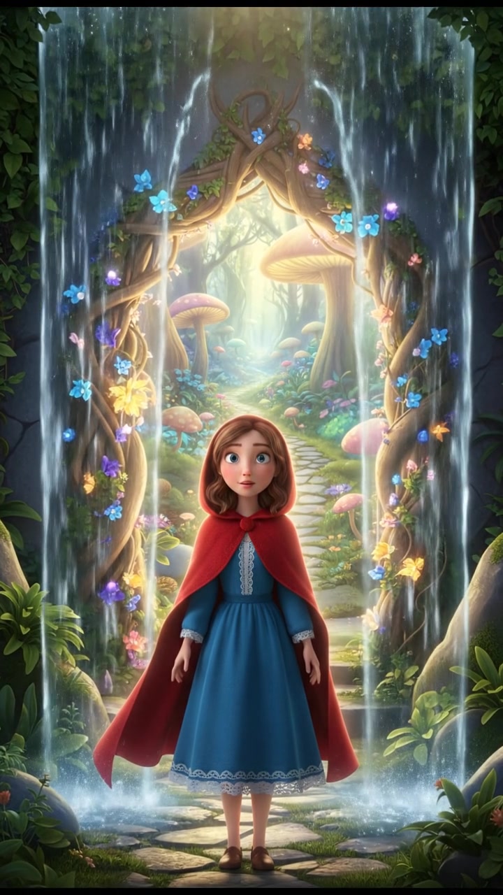 discovering a magical doorway hidden behind a waterfall, curiosity and wonder