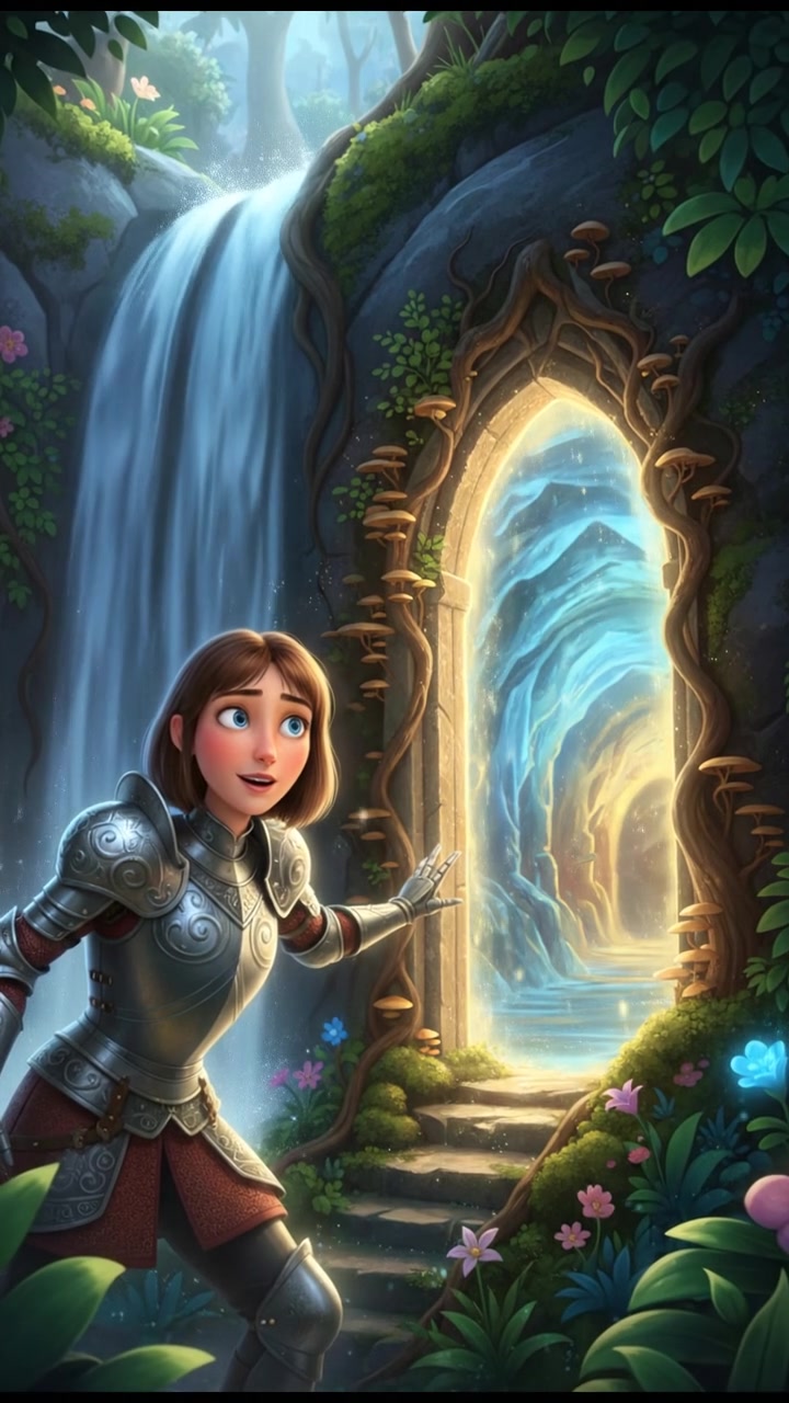 discovering a magical doorway hidden behind a waterfall, curiosity and wonder