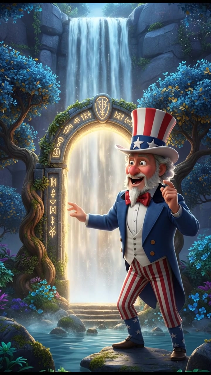 discovering a magical doorway hidden behind a waterfall, curiosity and wonder