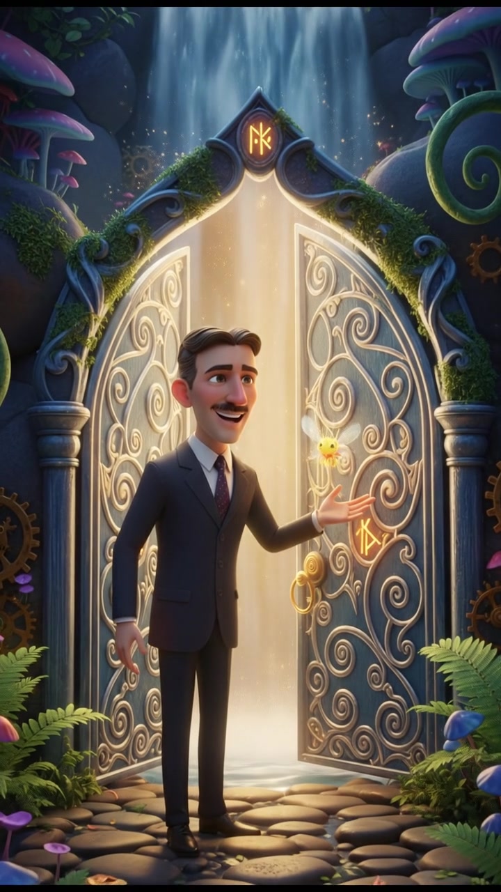 discovering a magical doorway hidden behind a waterfall, curiosity and wonder