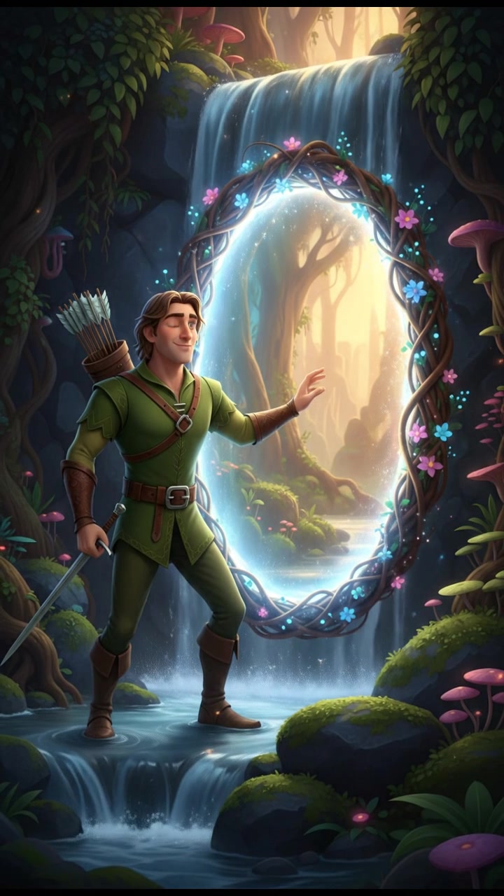 discovering a magical doorway hidden behind a waterfall, curiosity and wonder