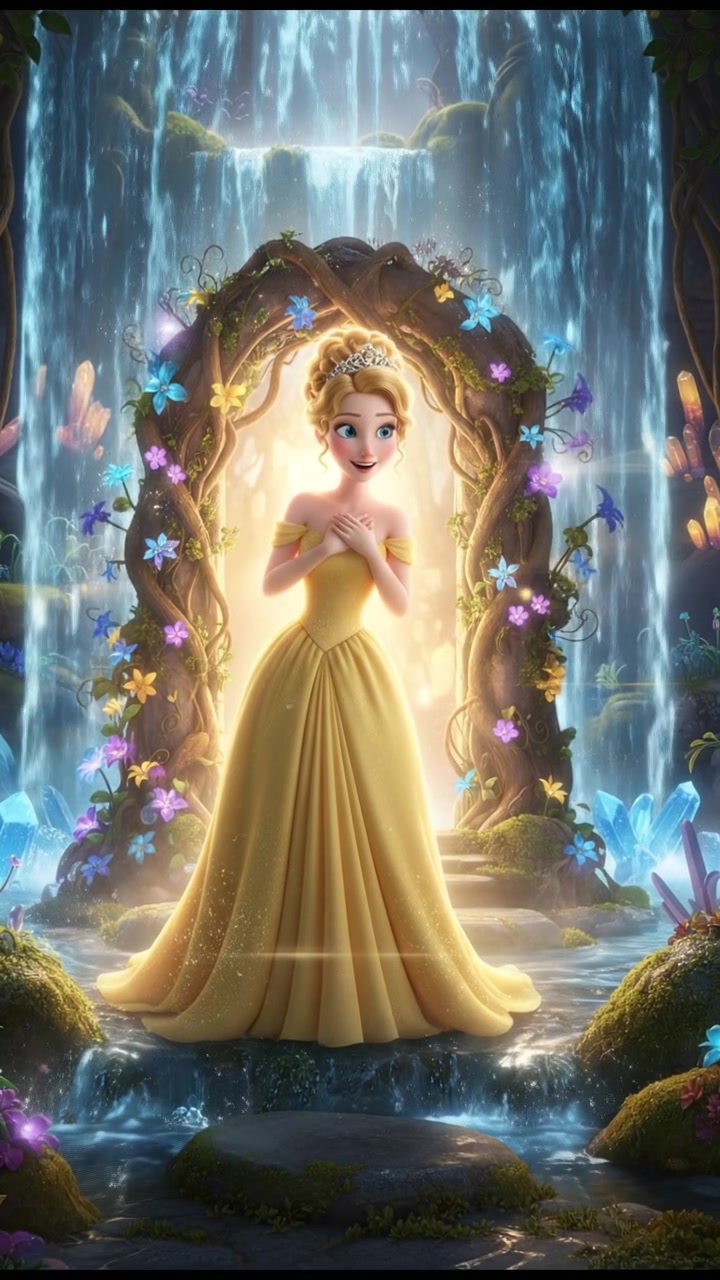 discovering a magical doorway hidden behind a waterfall, curiosity and wonder