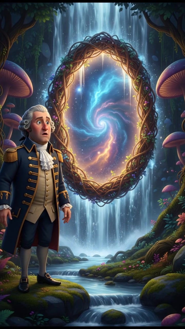 discovering a magical doorway hidden behind a waterfall, curiosity and wonder