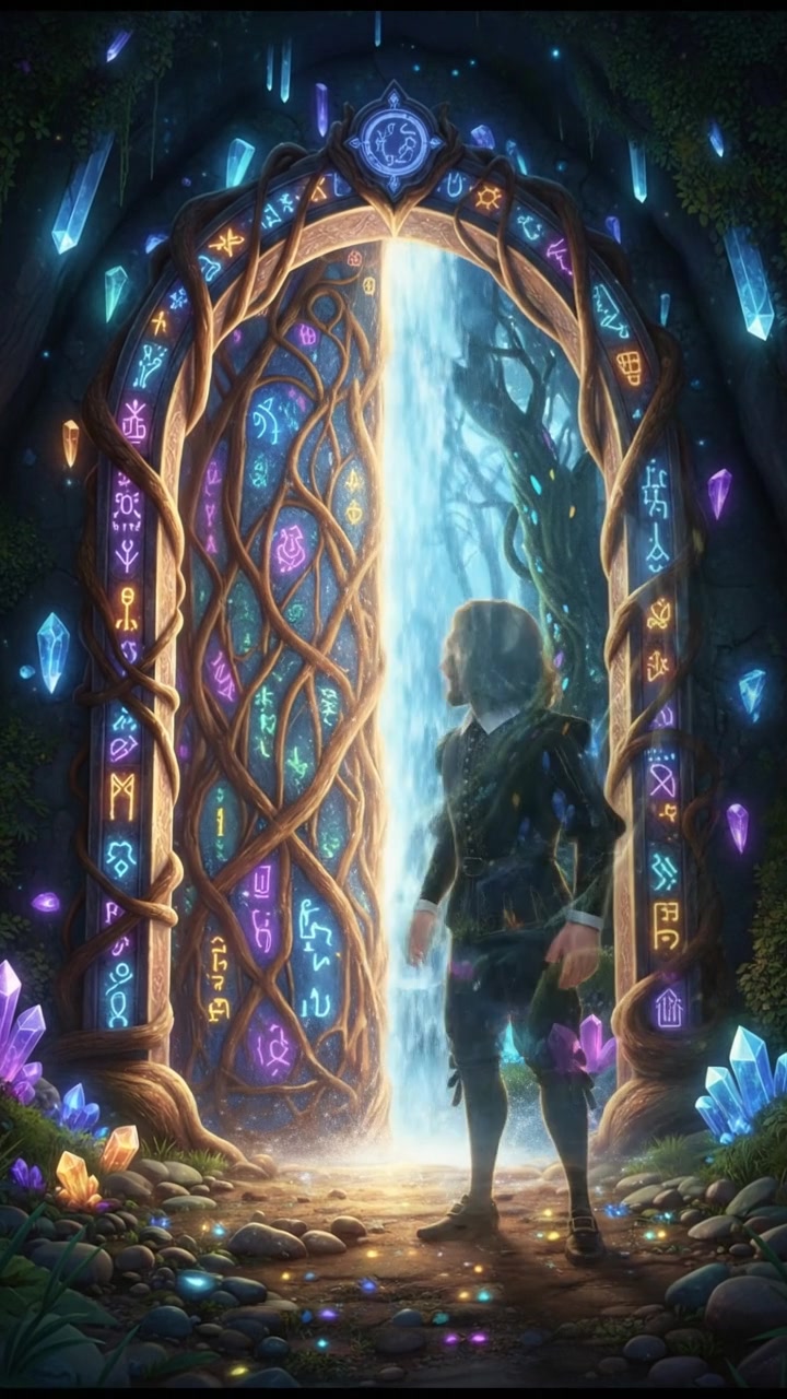 discovering a magical doorway hidden behind a waterfall, curiosity and wonder