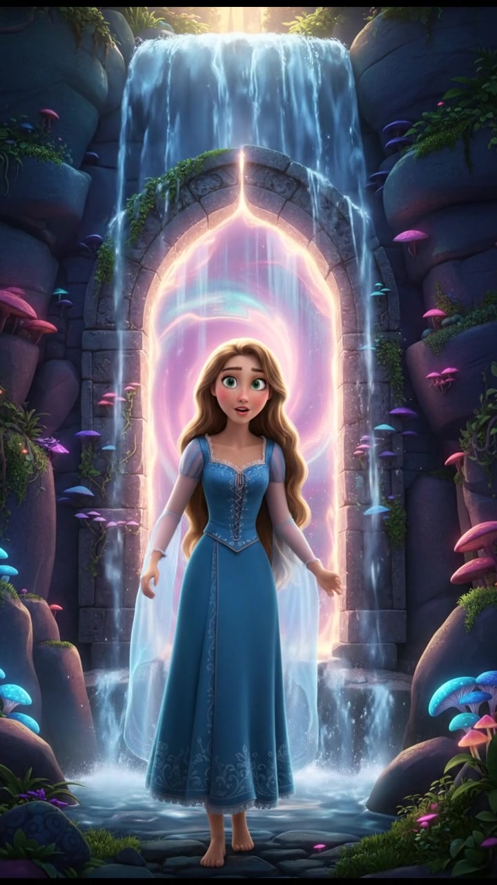 discovering a magical doorway hidden behind a waterfall, curiosity and wonder