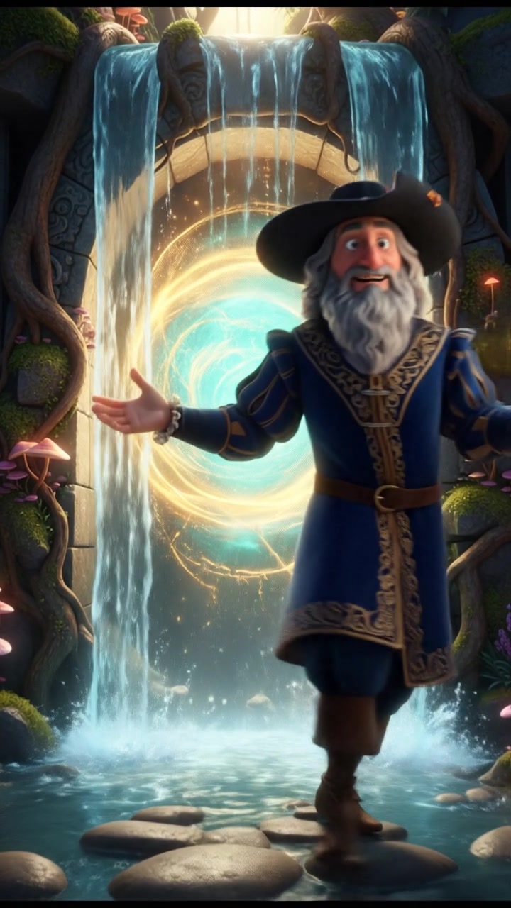 discovering a magical doorway hidden behind a waterfall, curiosity and wonder