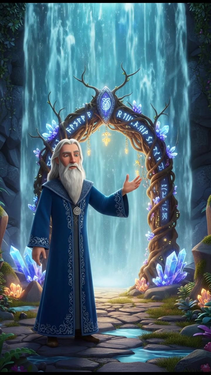 discovering a magical doorway hidden behind a waterfall, curiosity and wonder