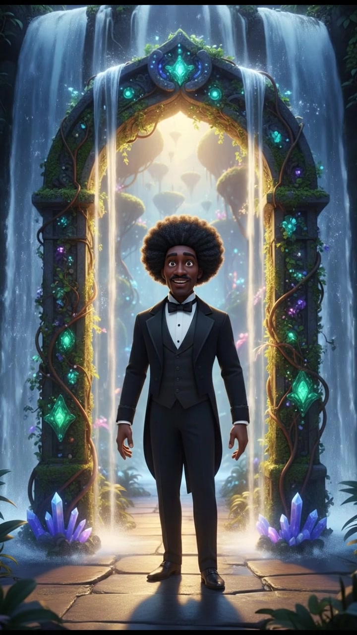 discovering a magical doorway hidden behind a waterfall, curiosity and wonder