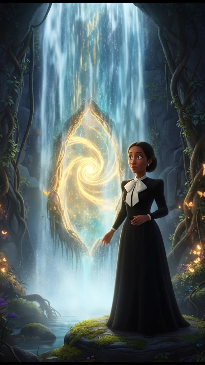 discovering a magical doorway hidden behind a waterfall, curiosity and wonder