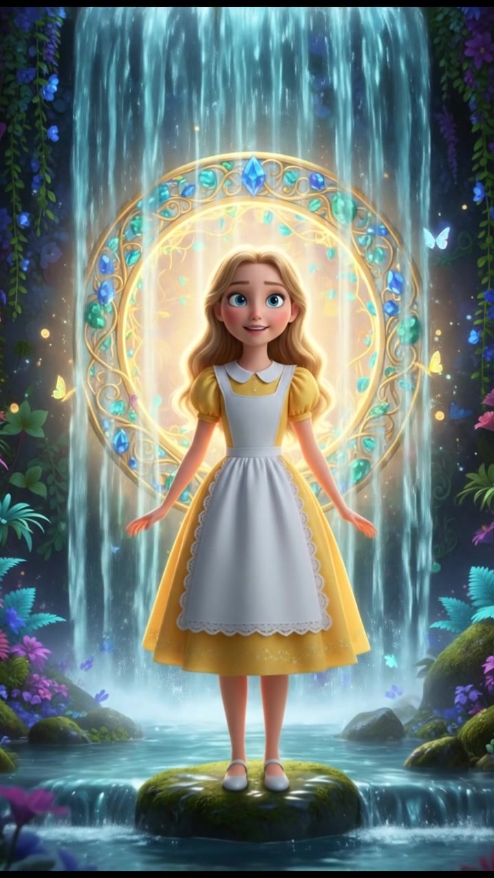 discovering a magical doorway hidden behind a waterfall, curiosity and wonder