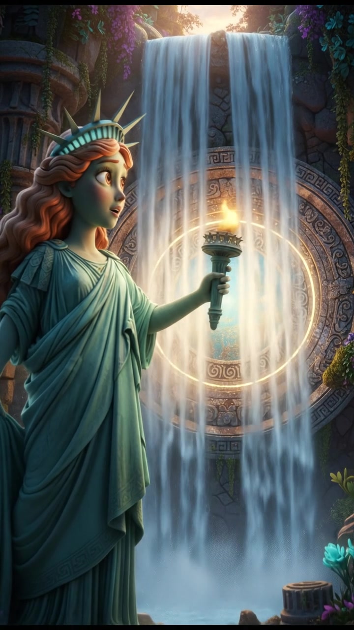 discovering a magical doorway hidden behind a waterfall, curiosity and wonder