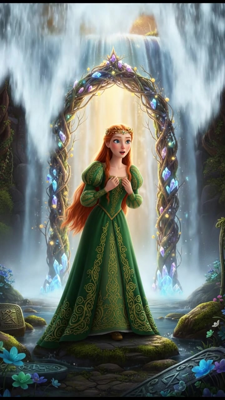 discovering a magical doorway hidden behind a waterfall, curiosity and wonder