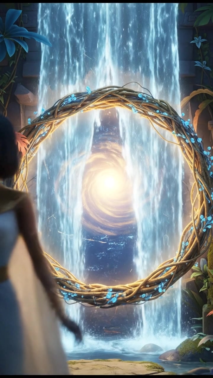 discovering a magical doorway hidden behind a waterfall, curiosity and wonder