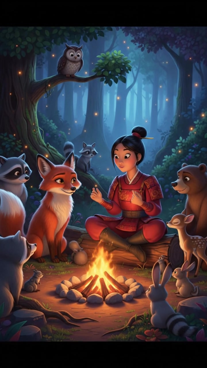 sitting around a campfire telling stories with woodland creatures, warm and cozy lighting