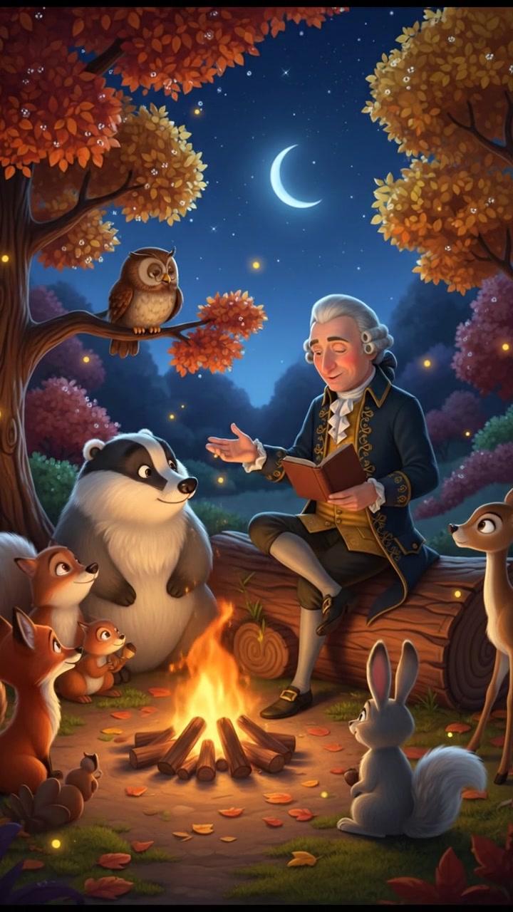 sitting around a campfire telling stories with woodland creatures, warm and cozy lighting