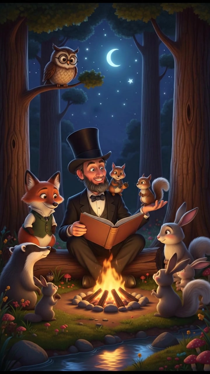 sitting around a campfire telling stories with woodland creatures, warm and cozy lighting