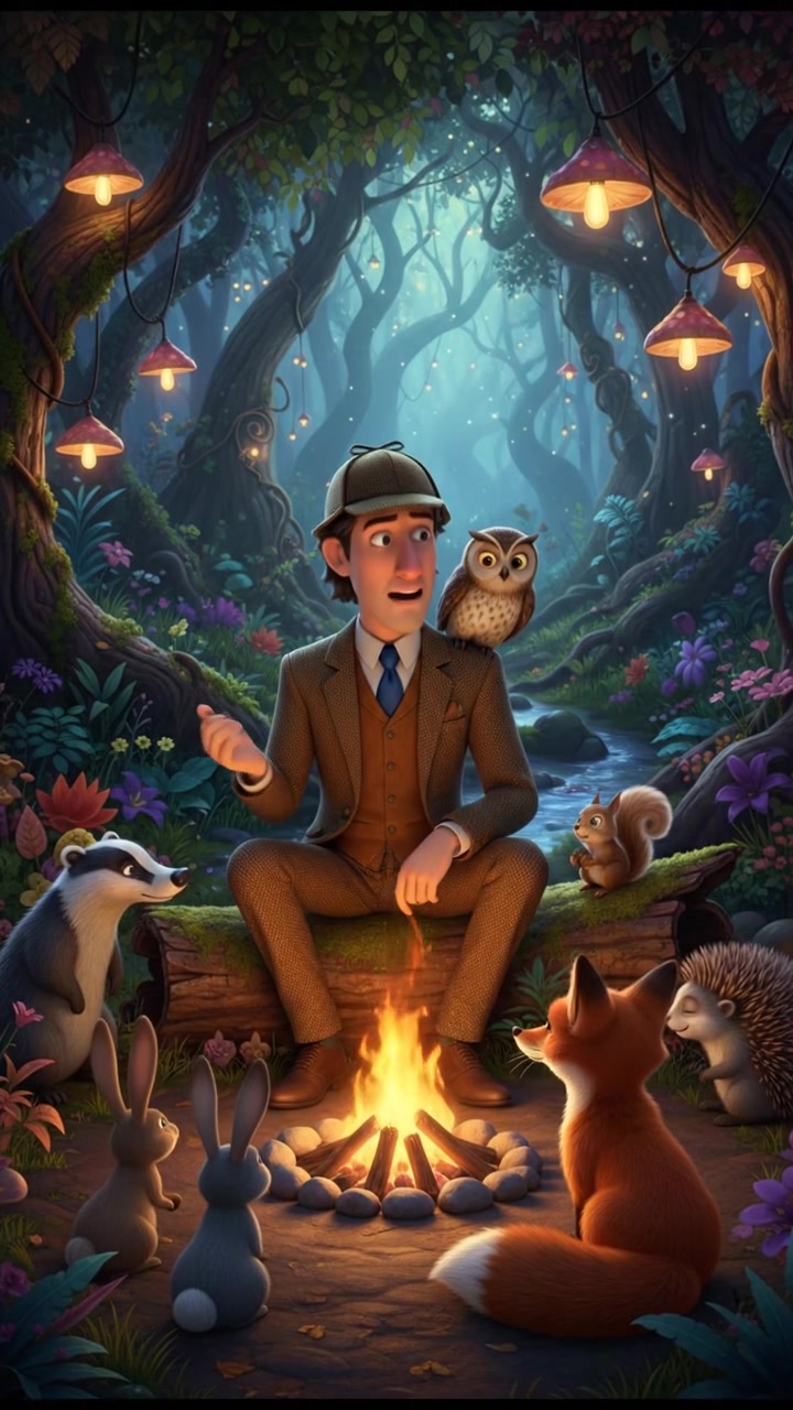 sitting around a campfire telling stories with woodland creatures, warm and cozy lighting