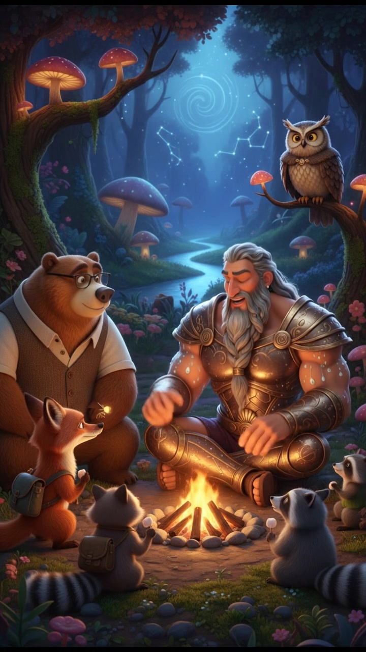 sitting around a campfire telling stories with woodland creatures, warm and cozy lighting