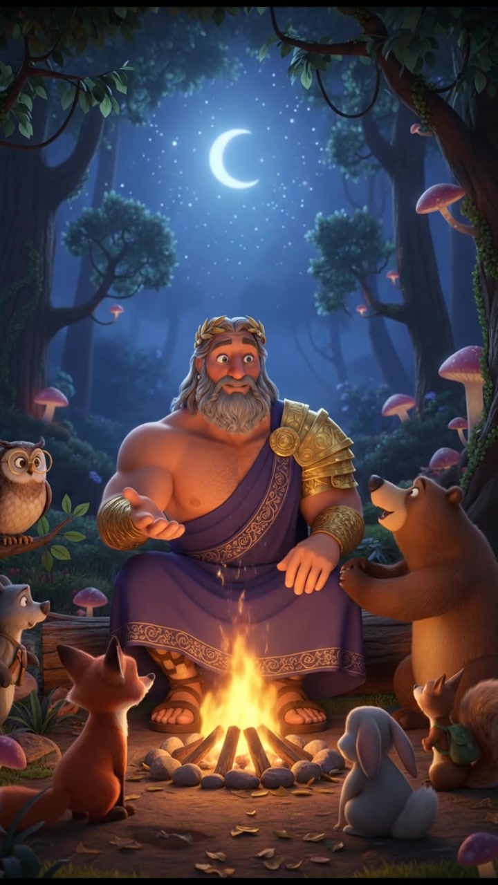 sitting around a campfire telling stories with woodland creatures, warm and cozy lighting