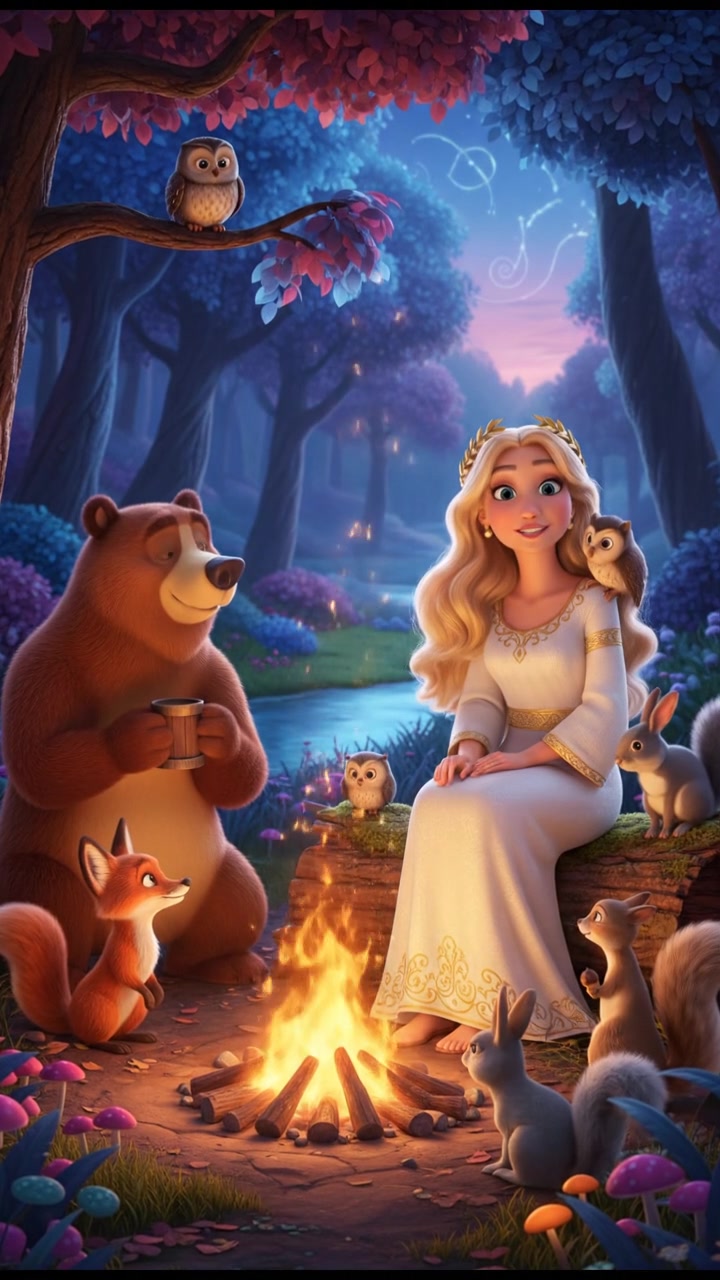 sitting around a campfire telling stories with woodland creatures, warm and cozy lighting