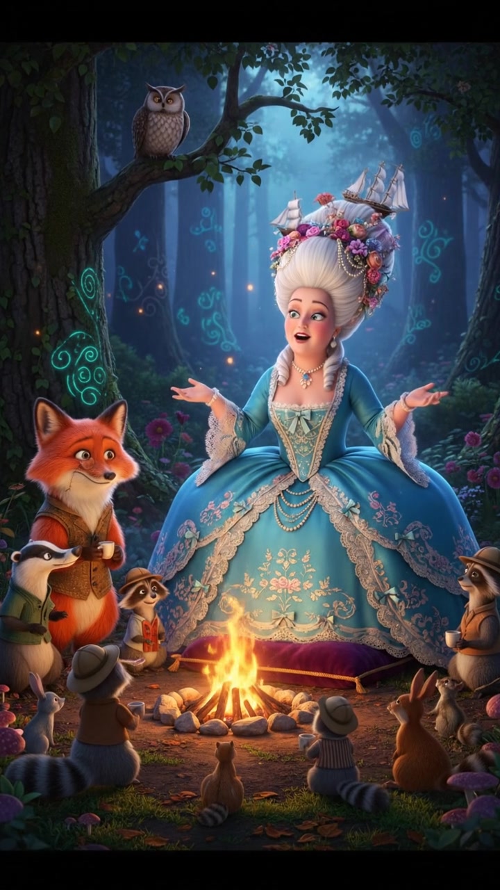 sitting around a campfire telling stories with woodland creatures, warm and cozy lighting