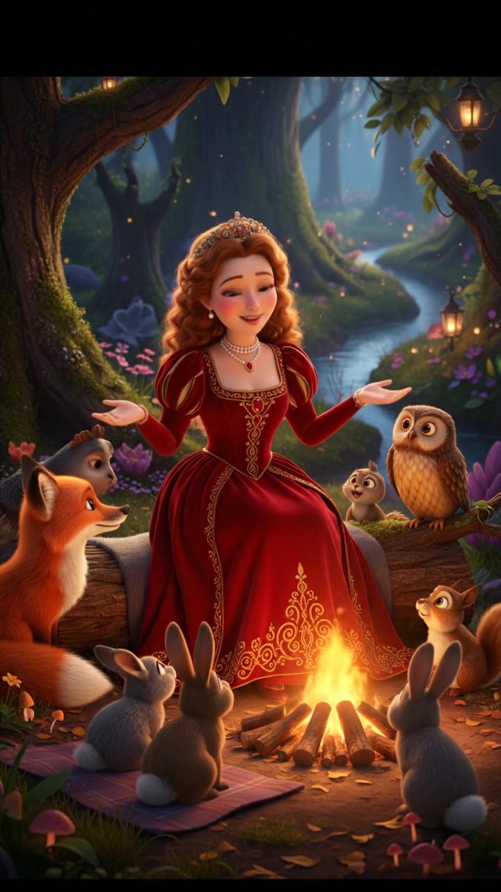 sitting around a campfire telling stories with woodland creatures, warm and cozy lighting