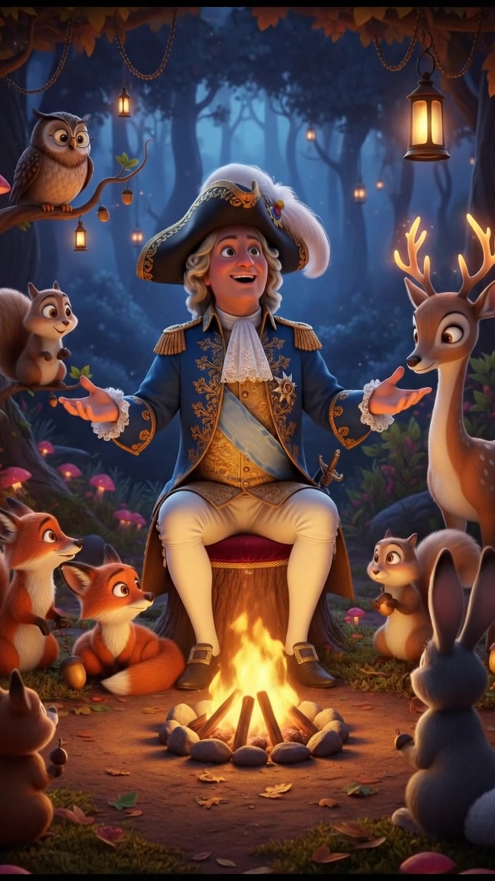 sitting around a campfire telling stories with woodland creatures, warm and cozy lighting