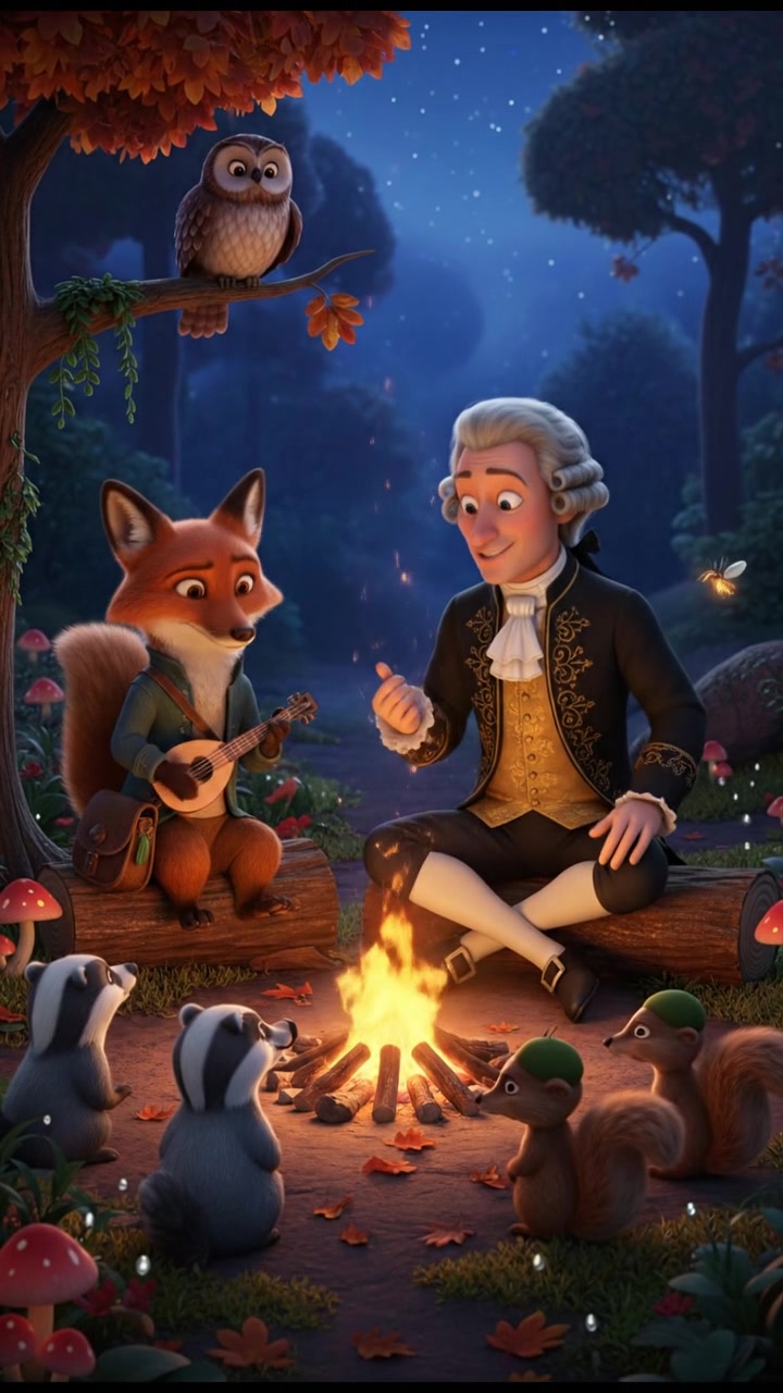 sitting around a campfire telling stories with woodland creatures, warm and cozy lighting