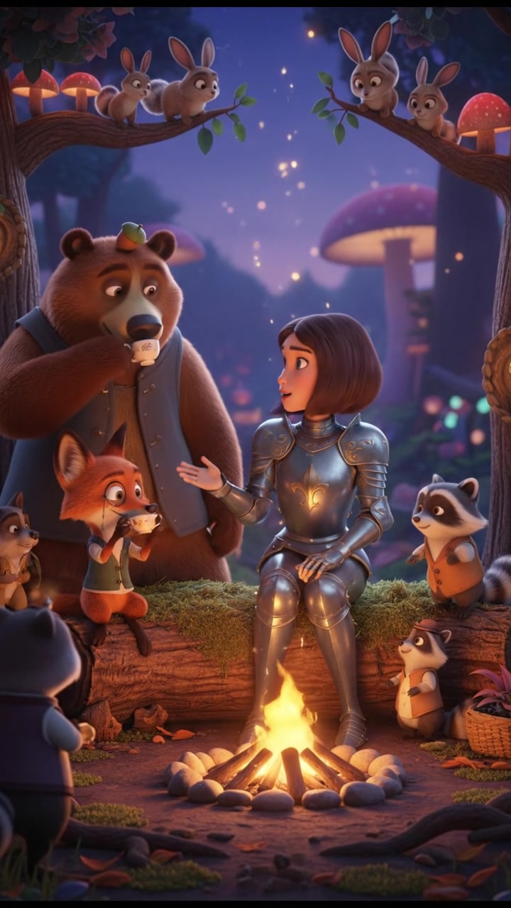 sitting around a campfire telling stories with woodland creatures, warm and cozy lighting