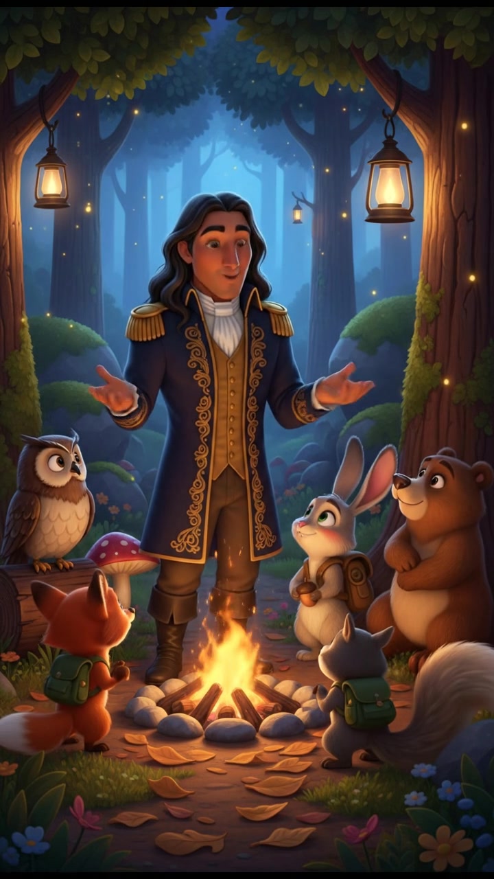 sitting around a campfire telling stories with woodland creatures, warm and cozy lighting