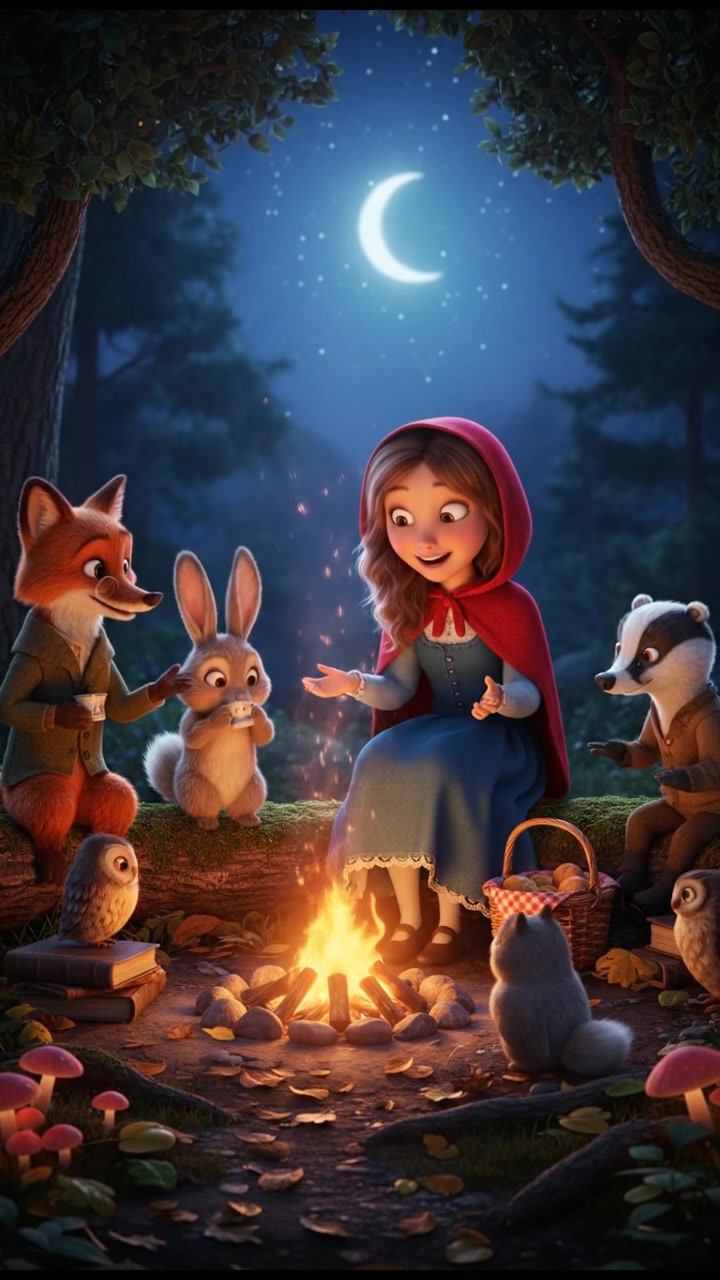 sitting around a campfire telling stories with woodland creatures, warm and cozy lighting