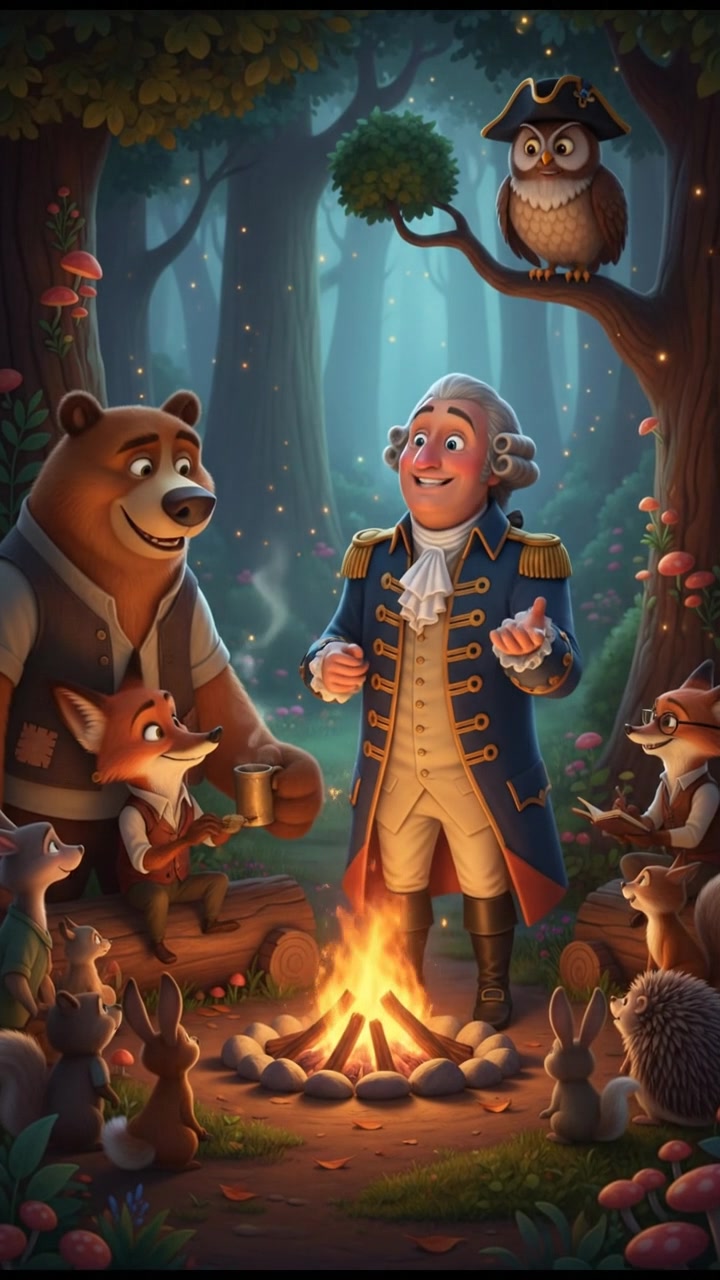 sitting around a campfire telling stories with woodland creatures, warm and cozy lighting