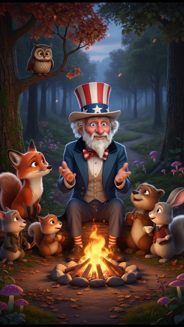 sitting around a campfire telling stories with woodland creatures, warm and cozy lighting