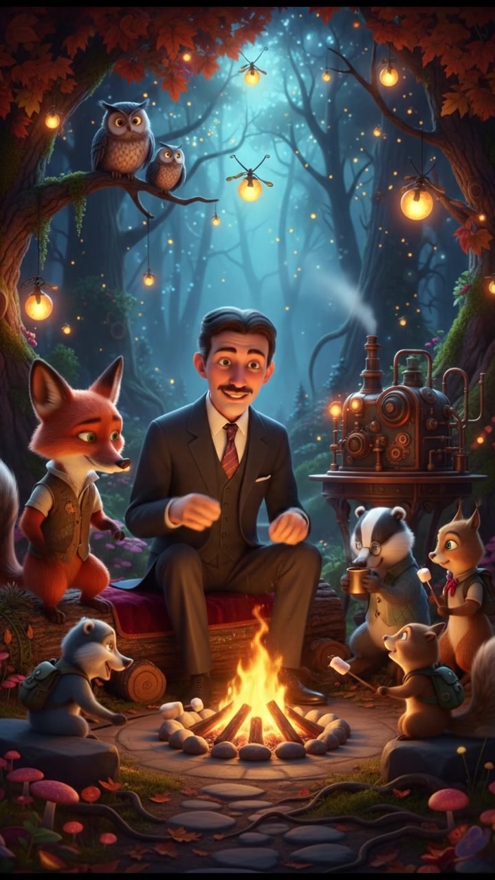 sitting around a campfire telling stories with woodland creatures, warm and cozy lighting