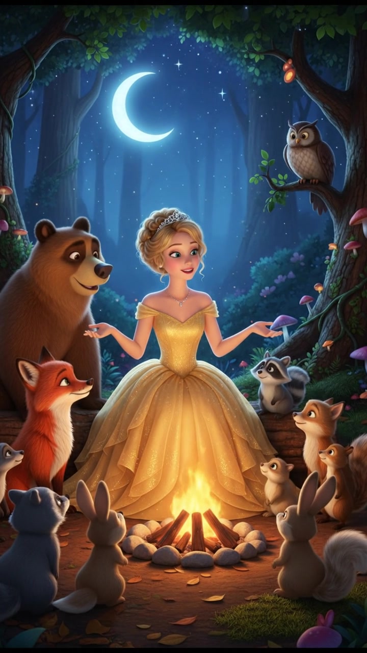 sitting around a campfire telling stories with woodland creatures, warm and cozy lighting