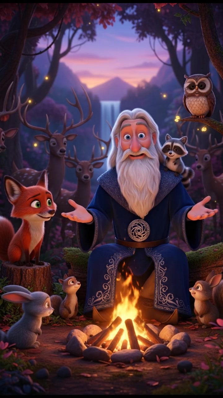 sitting around a campfire telling stories with woodland creatures, warm and cozy lighting