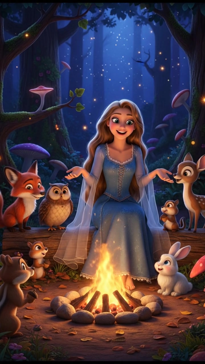 sitting around a campfire telling stories with woodland creatures, warm and cozy lighting