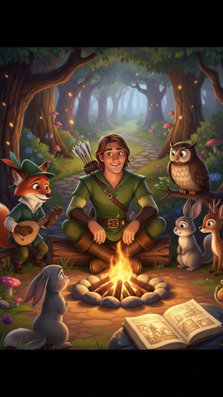 sitting around a campfire telling stories with woodland creatures, warm and cozy lighting