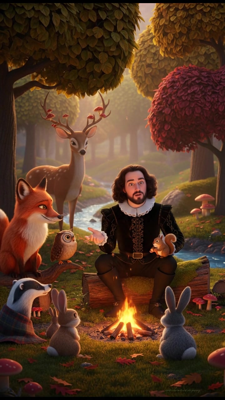 sitting around a campfire telling stories with woodland creatures, warm and cozy lighting
