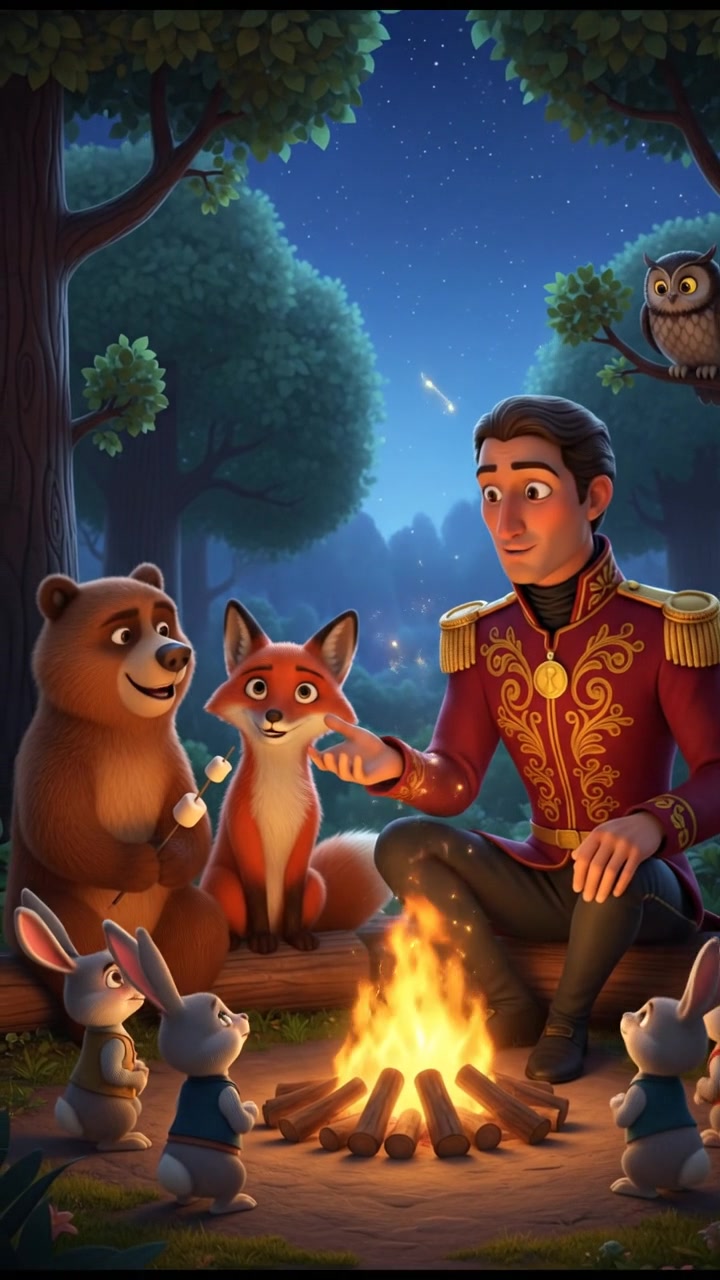 sitting around a campfire telling stories with woodland creatures, warm and cozy lighting