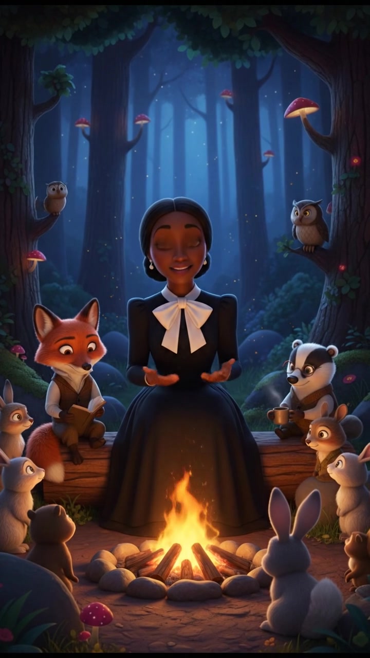 sitting around a campfire telling stories with woodland creatures, warm and cozy lighting