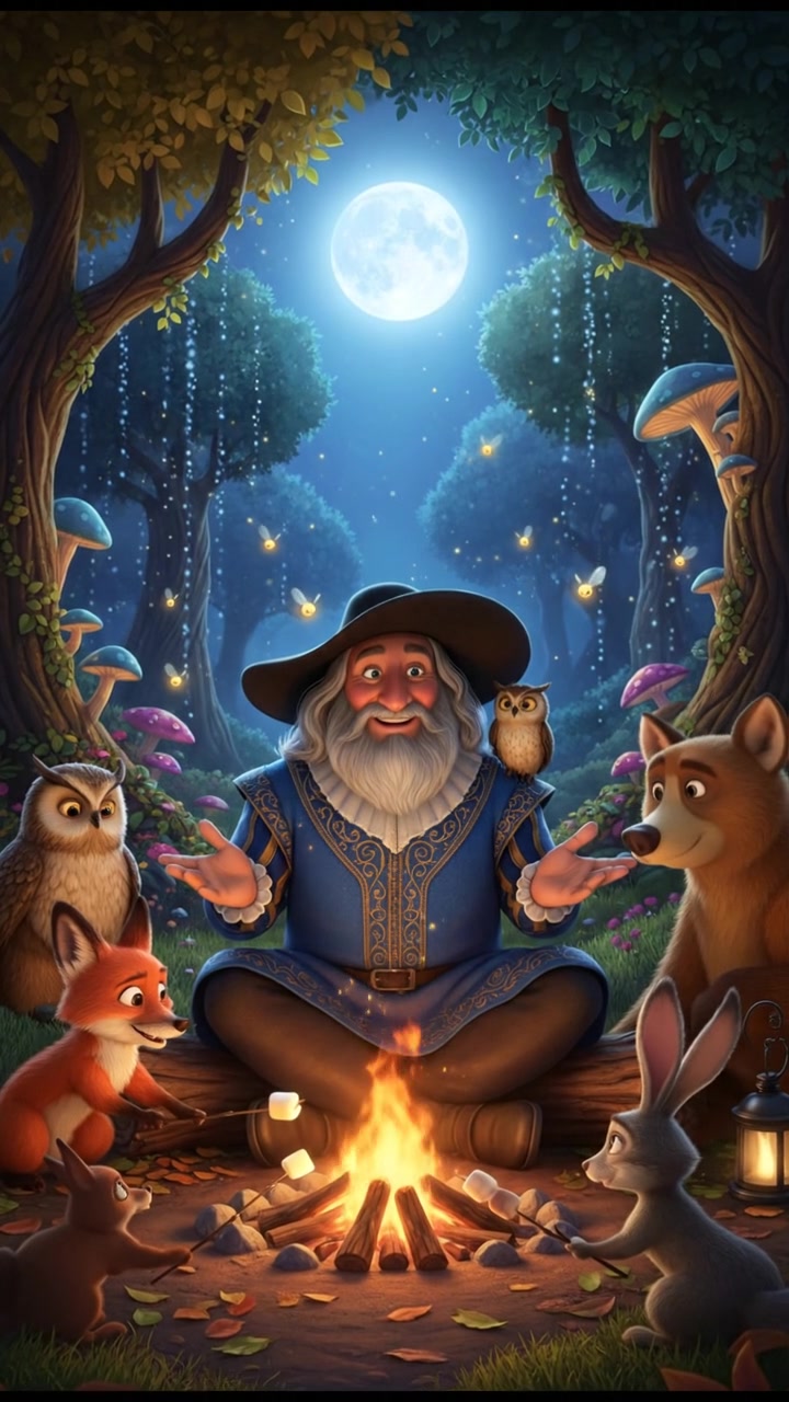 sitting around a campfire telling stories with woodland creatures, warm and cozy lighting