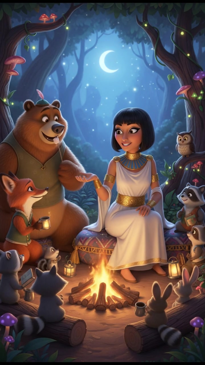 sitting around a campfire telling stories with woodland creatures, warm and cozy lighting