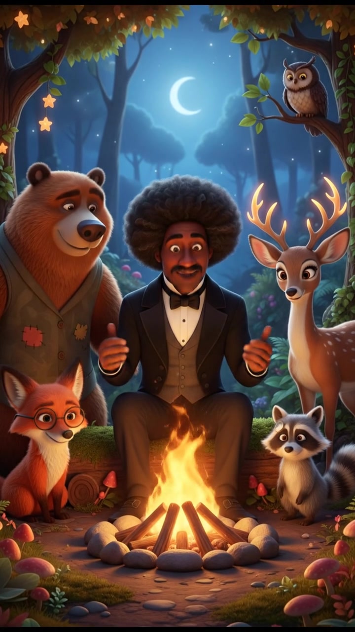 sitting around a campfire telling stories with woodland creatures, warm and cozy lighting