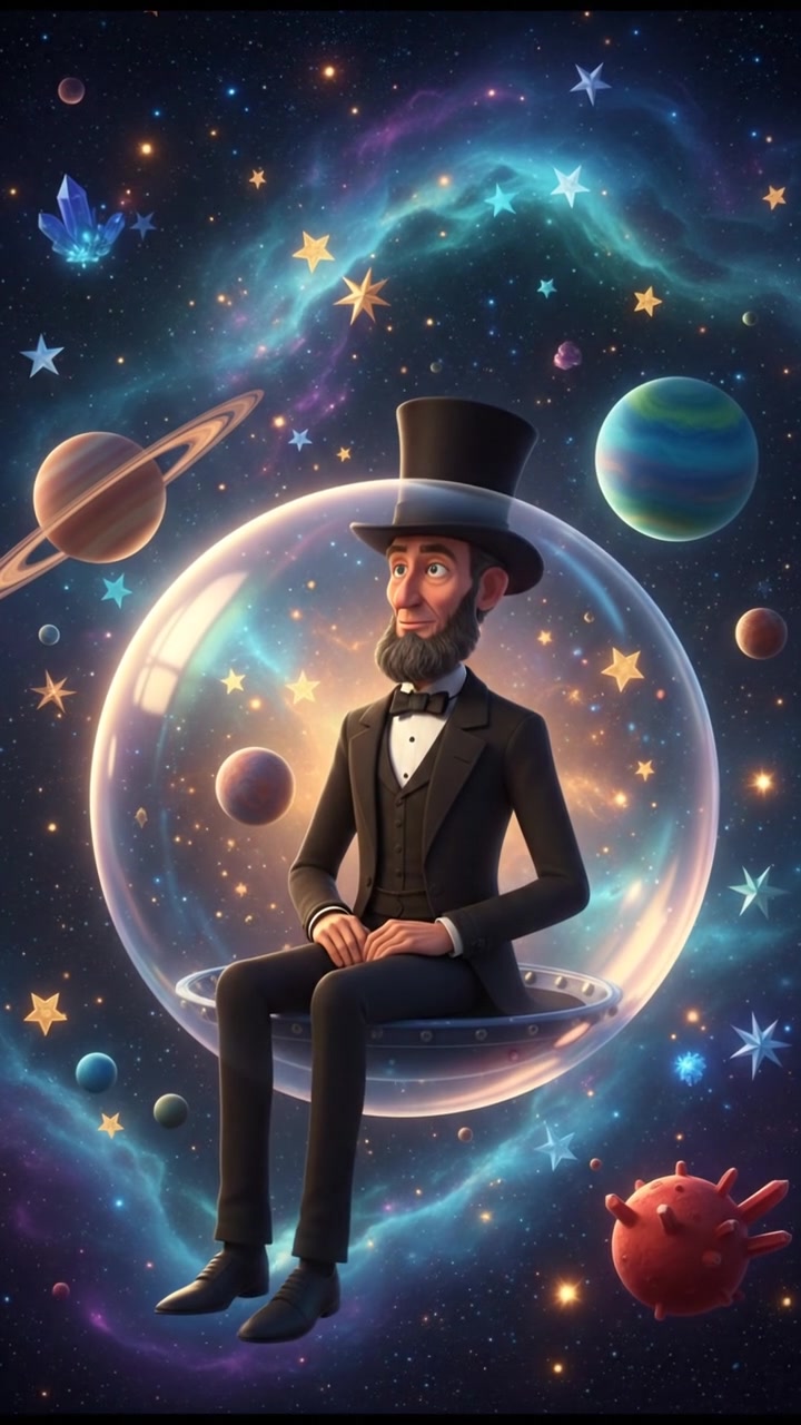 floating through space in a bubble or spaceship, surrounded by colorful stars and planets