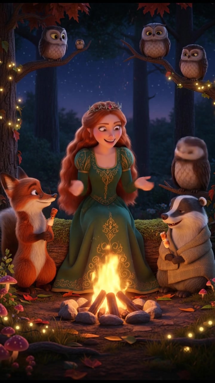 sitting around a campfire telling stories with woodland creatures, warm and cozy lighting