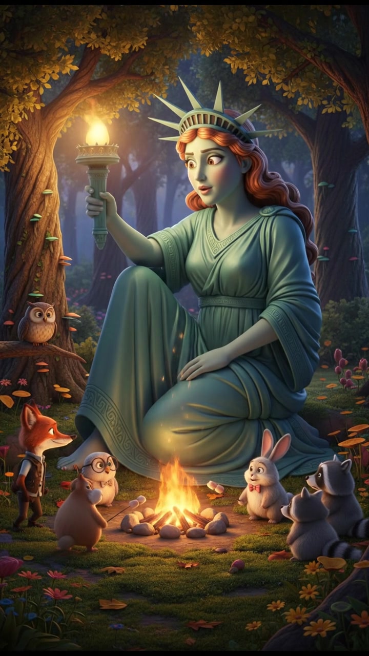 sitting around a campfire telling stories with woodland creatures, warm and cozy lighting
